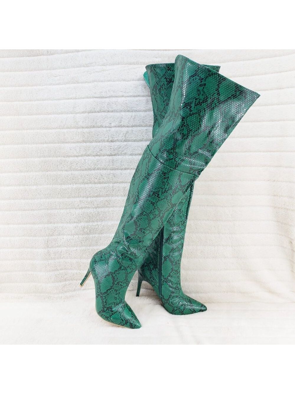 Jade Snake Wide Top Sexy Thigh High Heel Boots - Picture 1 of 11